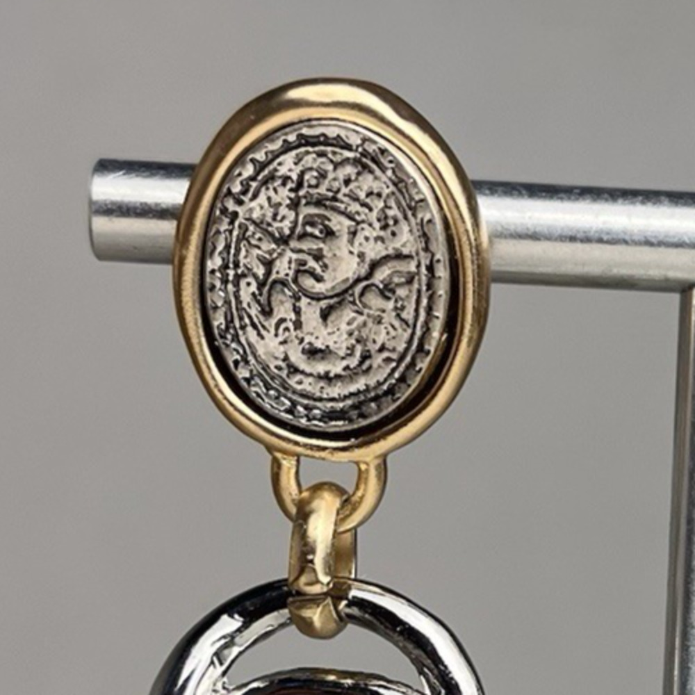 Mayan Aztec Coin Medallion Earrings Hoop Rhinestone Gold Silver Two Tone Tribal - Picture 8 of 9